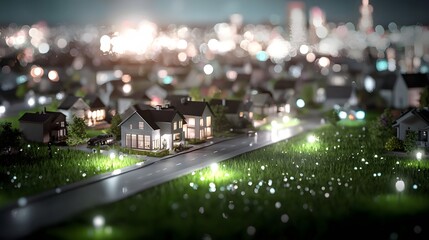 Night View of a Vibrant Urban Neighborhood with Houses and Bokeh Lights Glowing in the Background