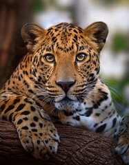 Fototapeta premium Mirada intensa de un leopardo posando en un árbol – Imagen de alta calidad