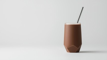 Tall glass with a silver straw in it. the glass is made of a dark brown material and has a geometric design on the sides. the straw is inserted into the glass and is resting on the rim of the glass.