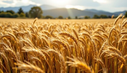 Golden Wheat Field A field of golden wheat swaying gently in the breeze with sunlight pouring down, creating a warm glow.