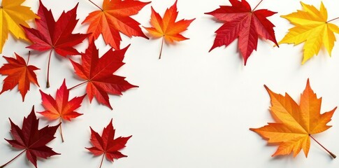 Large maple leaves spread out on a white surface, autumn, fall