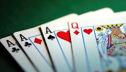 Playing cards arranged in a sequence showing an ace high straight flush , top view, ace, pattern
