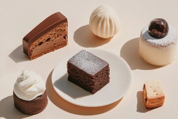 A beautifully arranged display featuring various exquisite desserts, including cakes and pastries that showcase intricate details and appealing textures to captivate patrons.