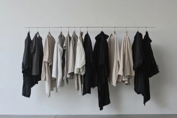 A collection of carefully arranged clothing items in neutral tones, hanging on a sleek minimalistic rack against a clean white background, embodies simplicity and style.