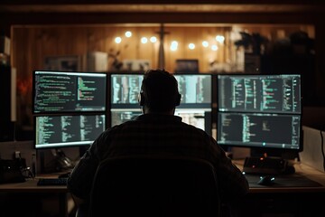 A programmer facing away, working at multiple monitors displaying code and data, dimly lit room with only screen light illuminating, modern indoor background