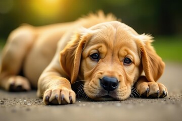 Golden Retriever puppy lies down, head tilted, ears perked , animal, background, golden