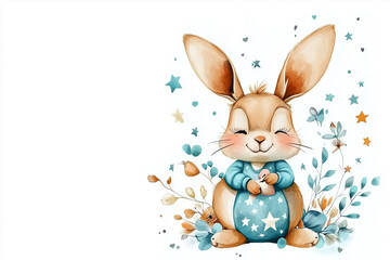 Obraz premium Cute bunny in blue pajamas holding toy with stars background