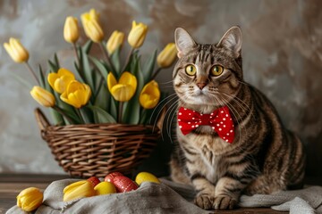 Tabby cat with red bow tie and tulips