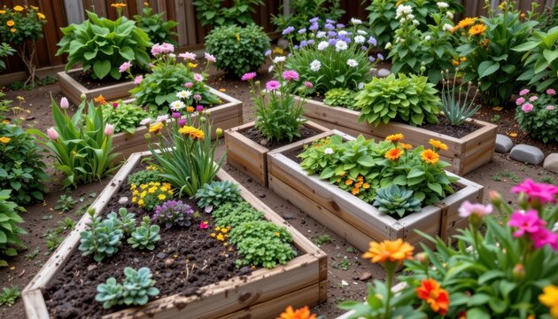 Triangular Garden A garden scene with triangular planters filled with assorted plants, framed by wooden planks and blooming flowers.