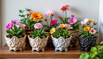 Ornate Planters A collection of ornate triangular ceramic planters filled with whimsical flowers, arranged on a wooden shelf.