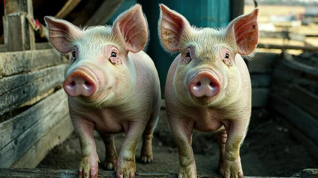 Two pigs stand together in a wooden and tin pen on a sunny day at the farm, Couple pigs standing in pen made of wood and tin