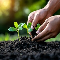 Close-up of Two Hands Planting Small Seedlings in Dark Soil with Blurred Green Background in Bright Outdoor Sunlight Setting for Gardening Lovers