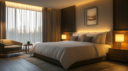 Modern luxury hotel room , overlooking urban skyline and riverfront, symbolizing stylish accommodation, comfort, and business travel lifestyle
