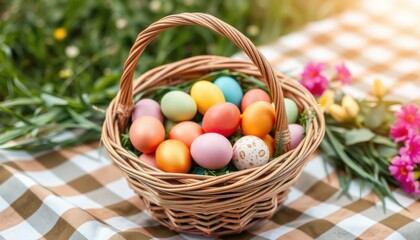 Naklejka premium Colorful Easter Eggs in Woven Basket Spring Picnic Outdoors