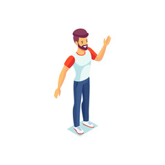 Obraz premium Smiling Man Standing and Waving in Casual Sporty Clothes. Vector illustration. Generative Ai