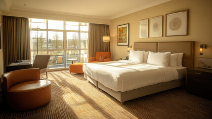 Modern luxury hotel room with panoramic floor-to-ceiling windows, overlooking urban skyline and riverfront, symbolizing stylish accommodation, comfort, and business travel lifestyle