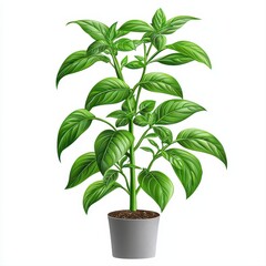 A beautifully potted basil plant with lush green leaves isolated on a white background to showcase its freshness and flavor