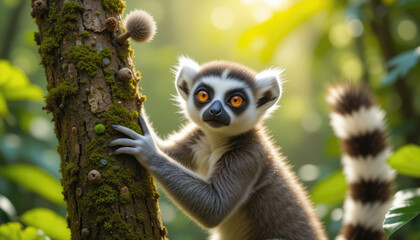 Obraz premium Curious Lemur in Sunlit Rainforest – Playful Madagascar Wildlife