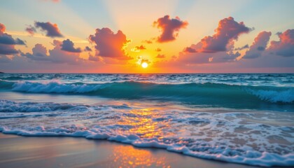 Obraz premium Tropical Sunset A sunset over a turquoise ocean, blending warm oranges and pinks with deep turquoise water.