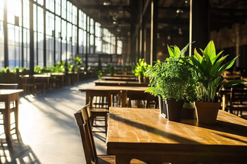 Fototapeta premium Work office life in a bright and open cafe space with natural elements and a serene atmosphere