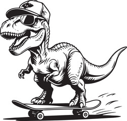 Cool Dinosaur on Skateboard Black Vector 