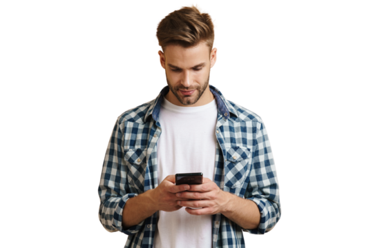 Handsome young man holding a mobile phone, isolated on a transparent background. Perfect for technology, communication, and lifestyle concepts.

