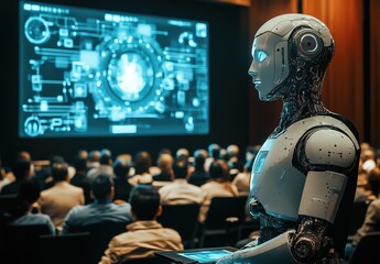 Futuristic robot in a conference setting with a crowd and large screen displaying a person's image, tablet showing data, audience in background, advanced technology