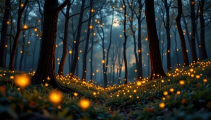 Obraz premium Glowing Fireflies A magical scene of a twilight forest with glowing fireflies lighting up the surroundings in soft yellow hues.