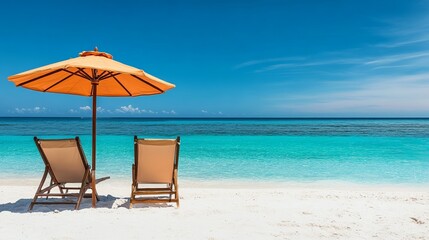Tropical Beach Paradise Vacation Scene Summer Holiday Relaxation Ocean View Two Chairs Orange Umbrella White Sand Turquoise Water Idyllic Seascape    