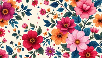 Floral Burst A vibrant floral pattern with bold blossoms and swirls in various colors against a light background.
