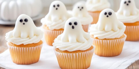 Ghostly Treats: A collection of adorable ghost-shaped cupcakes, perfect for the Halloween season, offering a blend of delicious taste and festive charm.