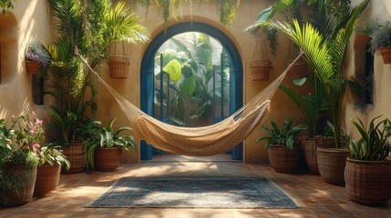 Obraz premium Tranquil hammock in a sun-drenched courtyard garden.