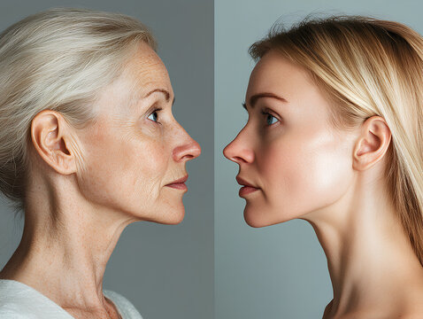 Side-by-side profile of elderly and young woman illustrating skin aging and rejuvenation concept