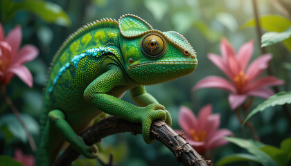 Obraz premium Emerald Chameleon Blending into Tropical Foliage