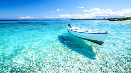Naklejka premium Tranquil Scene of a White Boat Floating in Clear Tropical Water