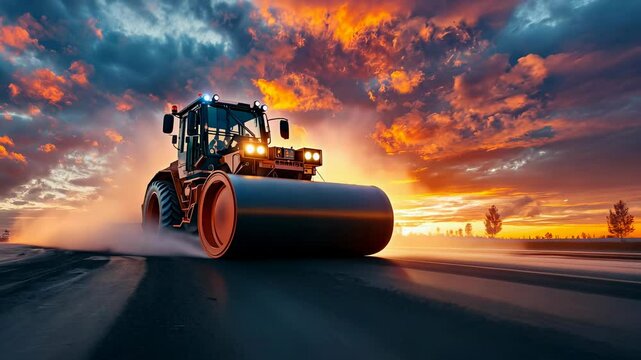 An asphalt roller is actively paving a newly constructed road as the sun sets, casting vibrant colors across the sky and highlighting the work being done in the evening.