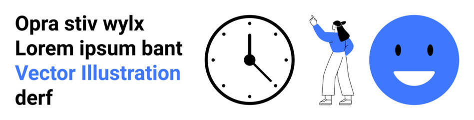 Bold design with a clock, person pointing upward, and blue happy face. Ideal for time management, productivity, positivity, user interface, marketing, teamwork simple landing page