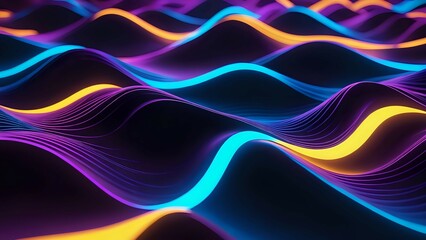 Abstract neon wave background, vibrant purple, blue, and yellow glowing lines forming dynamic curves. Ideal for digital art, tech, and music themes.