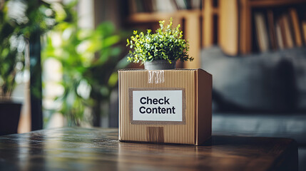 A cardboard box with a white label that says "Check Content" in black text, containing a small green fern plant