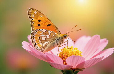 Vibrant butterfly on blooming flower with soft bokeh background
