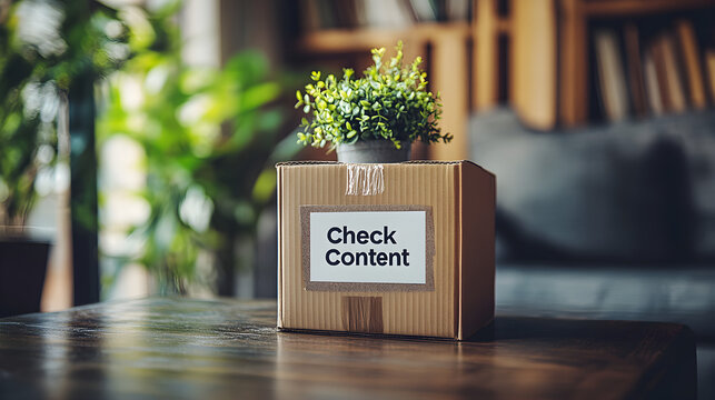 A cardboard box with a white label that says "Check Content" in black text, containing a small green fern plant