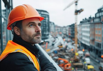 Fototapeta premium Construction worker in orange safety vest and helmet standing by a window, busy construction site in background
