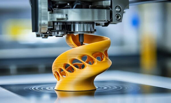 3D printer crafting an intricate, yellow spiral object with patterned openings on a flat surface