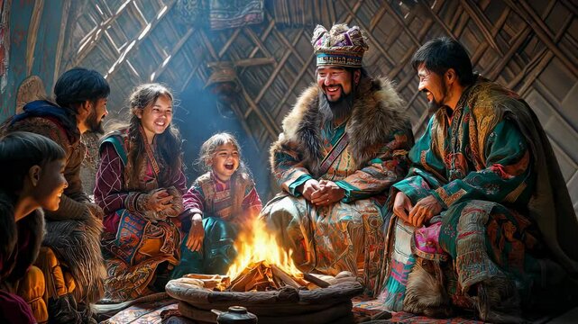Family members of the ancient Tatar Mongol civilization enjoy an evening together, laughing and sharing stories near a crackling fire in a traditional dwelling.