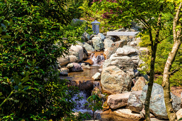 A calm and beautiful landscape of a city public free park with a flowing stream.