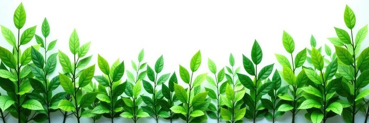 Fototapeta premium Leafy greens and stems in layered formation on white, forest scenery, foliage, whiteness