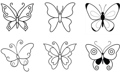 Fototapeta premium Set of a black and white, creativity, engraving, butterfly line art simple vector design