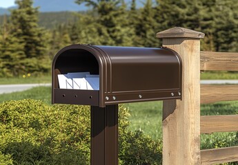 Rustic brown metal mailbox with white envelopes inside, wooden fence in foreground, lush green plants and trees in background