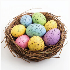 Nest with colorful Easter eggs spring celebration concept isolated on white background