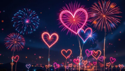 Heart Shaped Fireworks A brilliant display of heart shaped fireworks lighting up the night sky in vibrant colors, celebrating joy and love.